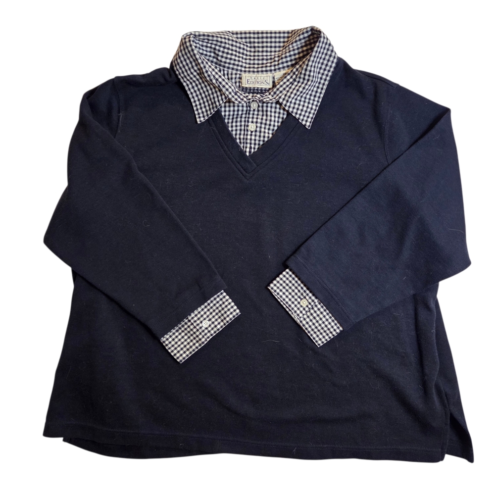 Basic Editions V-Neck Layered Sweater with Checkered Collar